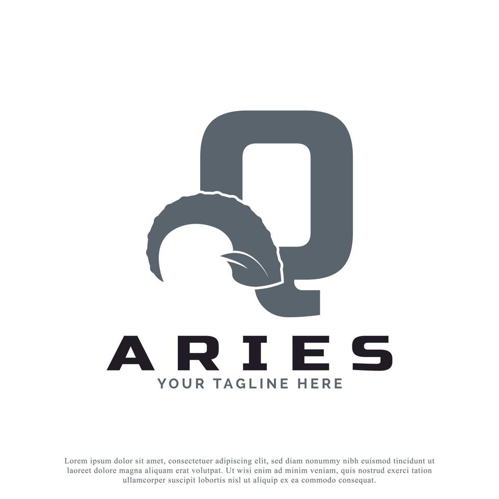 Initial Letter Q with Goat Ram Sheep Horn for Aries Logo Design Inspiration. Animal Logo Element Template vector