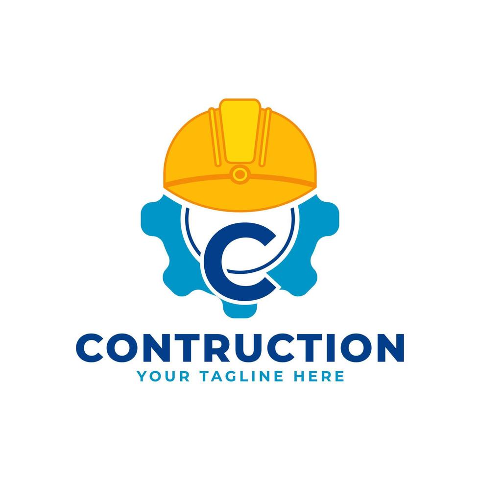 Initial Letter C with Gear and Helmet. Construction and Engineering Logo Concept vector