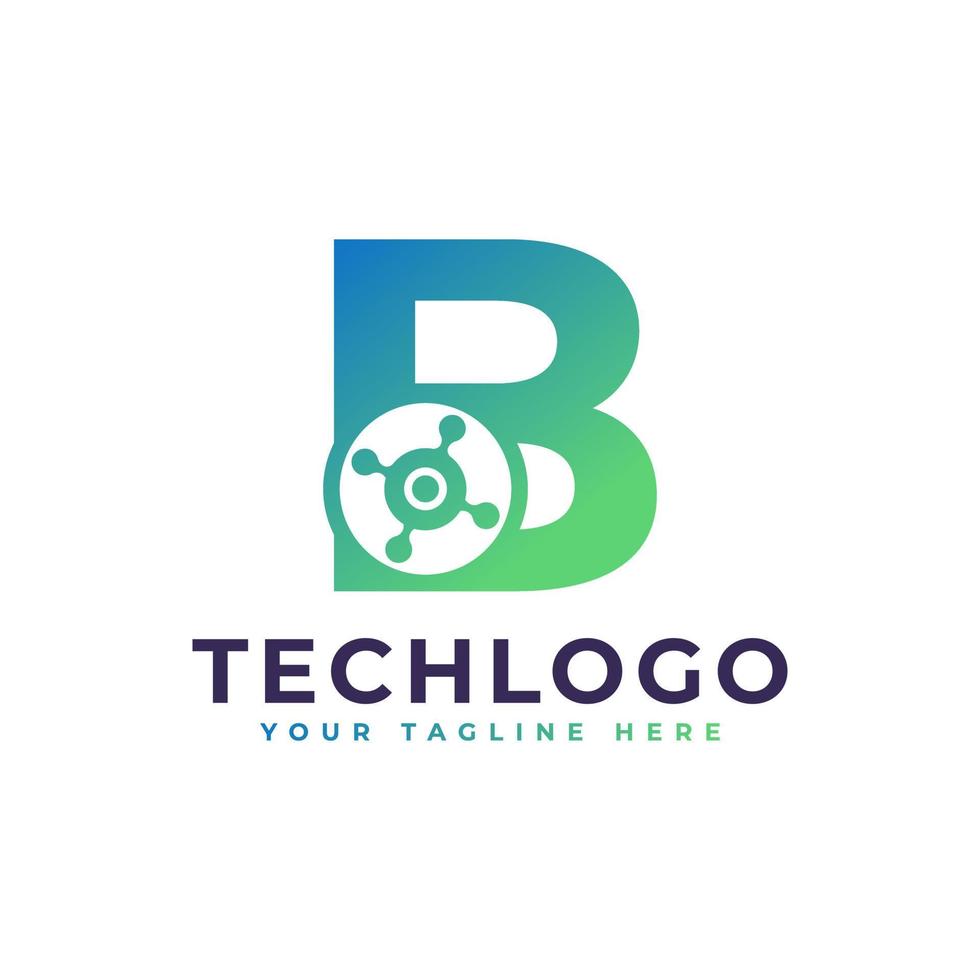 logotipo de la letra b de tecnología. forma geométrica verde con círculo de puntos conectado como vector de logotipo de red. utilizable para logotipos de negocios y tecnología.