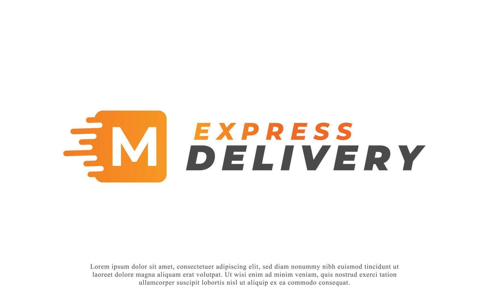 Creative Initial Letter M Logo. Orange Shape M Letter with Fast Shipping Delivery Truck Icon. Usable for Business and Branding Logos. Flat Vector Logo Design Ideas Template Element