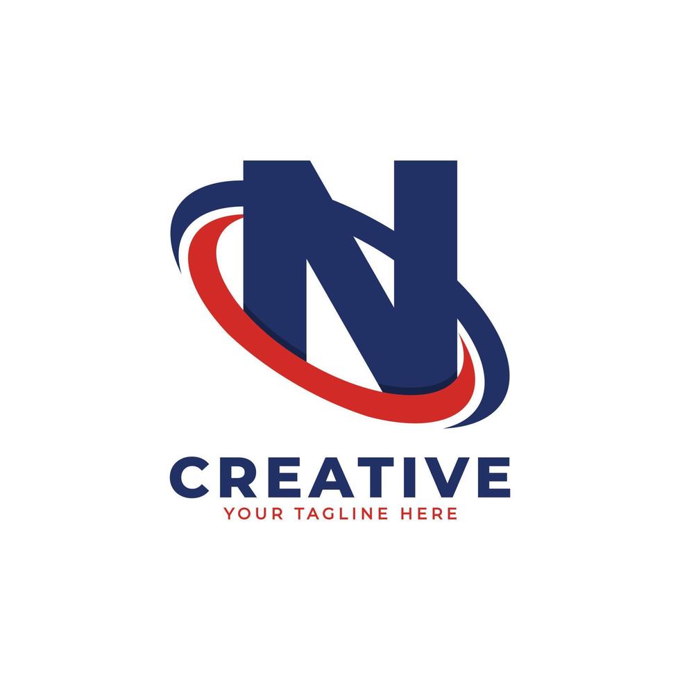 Corporation Letter N Logo With Creative Circle Swoosh Orbit Icon Vector Template Element in Blue and Red Color.