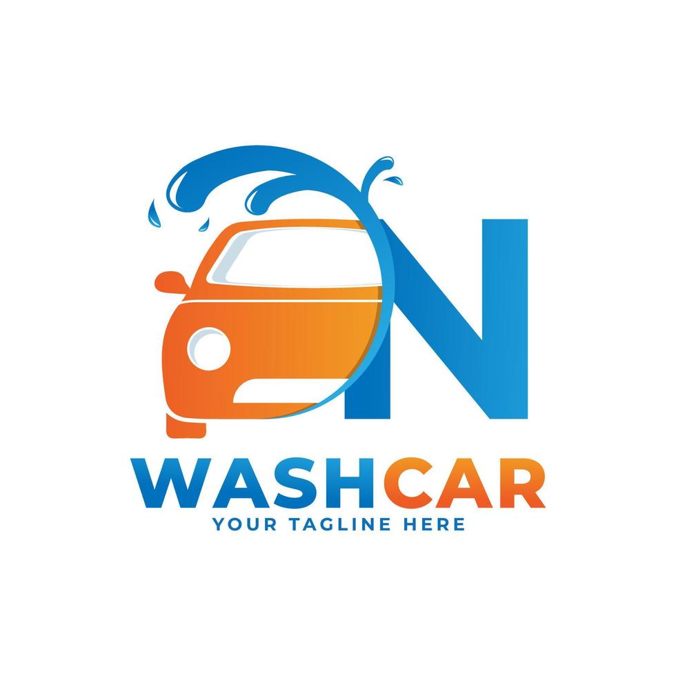 Letter N with Car Wash Logo, Cleaning Car, Washing and Service Vector Logo Design.