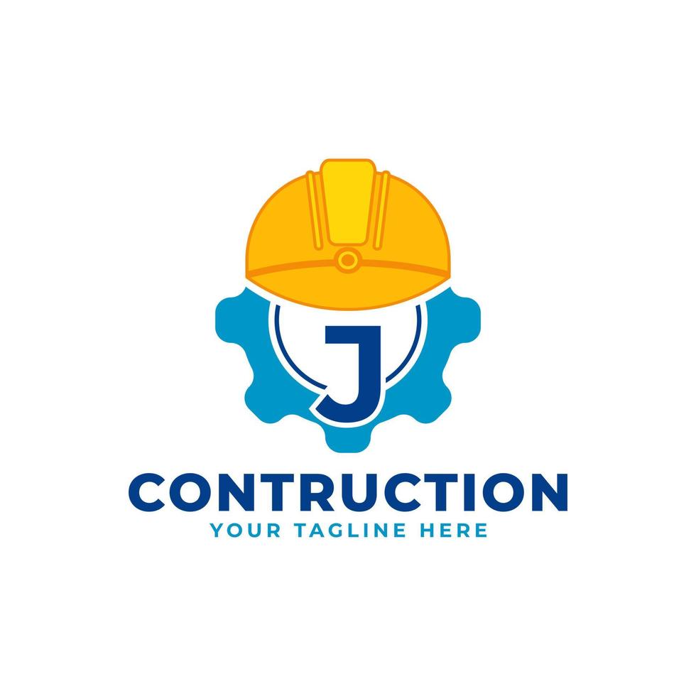 letra inicial j con equipo y casco. concepto de logotipo de construcción e ingeniería vector