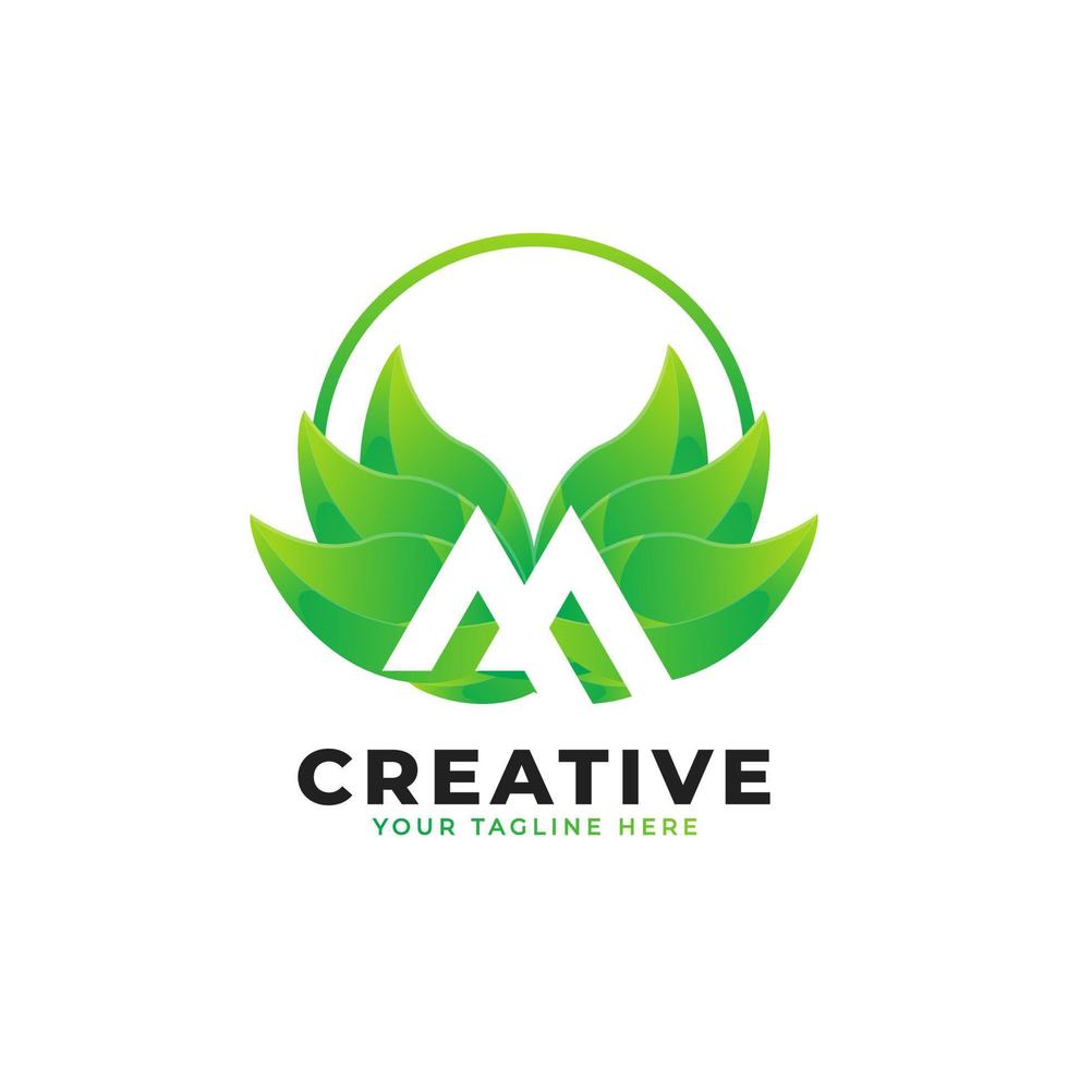 Nature Green Leaf Letter M Logo with Circle. monogram logo. Green Leaves Alphabet Icon. Usable for Business, Science, Healthcare, Medical and Nature Logos.Flat Vector Logo Desgn Template Element