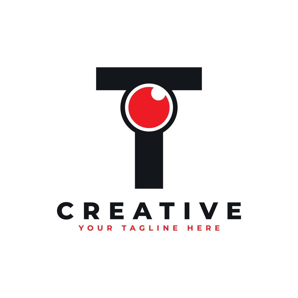 Abstract Eye Logo Letter T. Black Shape AT Initial Letter with Red Eyeball inside. Use for Business and Technology Logos. Flat Vector Logo Design Ideas Template Element