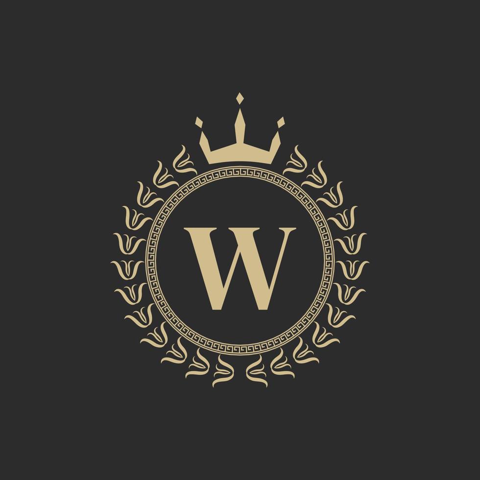 letra inicial w marco real heráldico con corona y corona de laurel. emblema clásico simple. composición redonda. estilo de gráficos elementos de arte para la ilustración de vector de diseño de logotipo