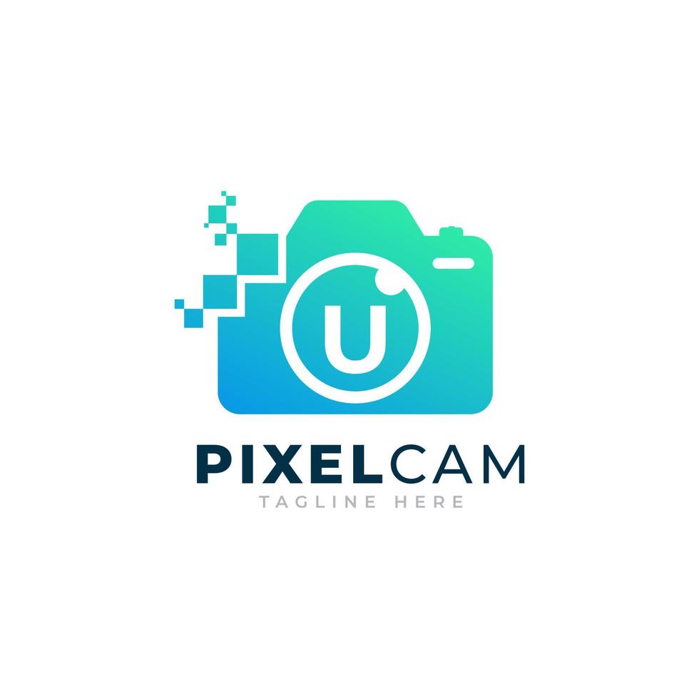 Letter U Inside Camera Photo Pixel Technology Logo Design Template vector