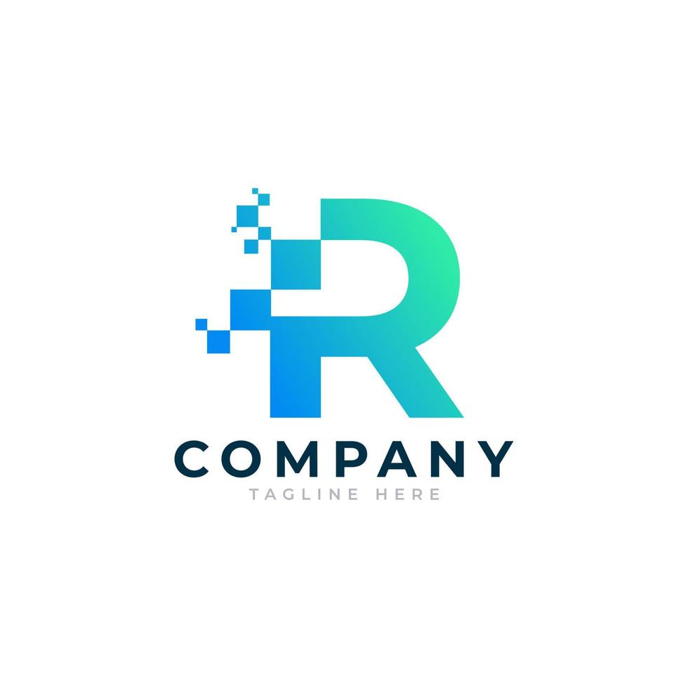 Tech Letter R Logo. Blue and Green Geometric Shape with Square Pixel Dots. Usable for Business and Technology Logos. Design Ideas Template Element. vector