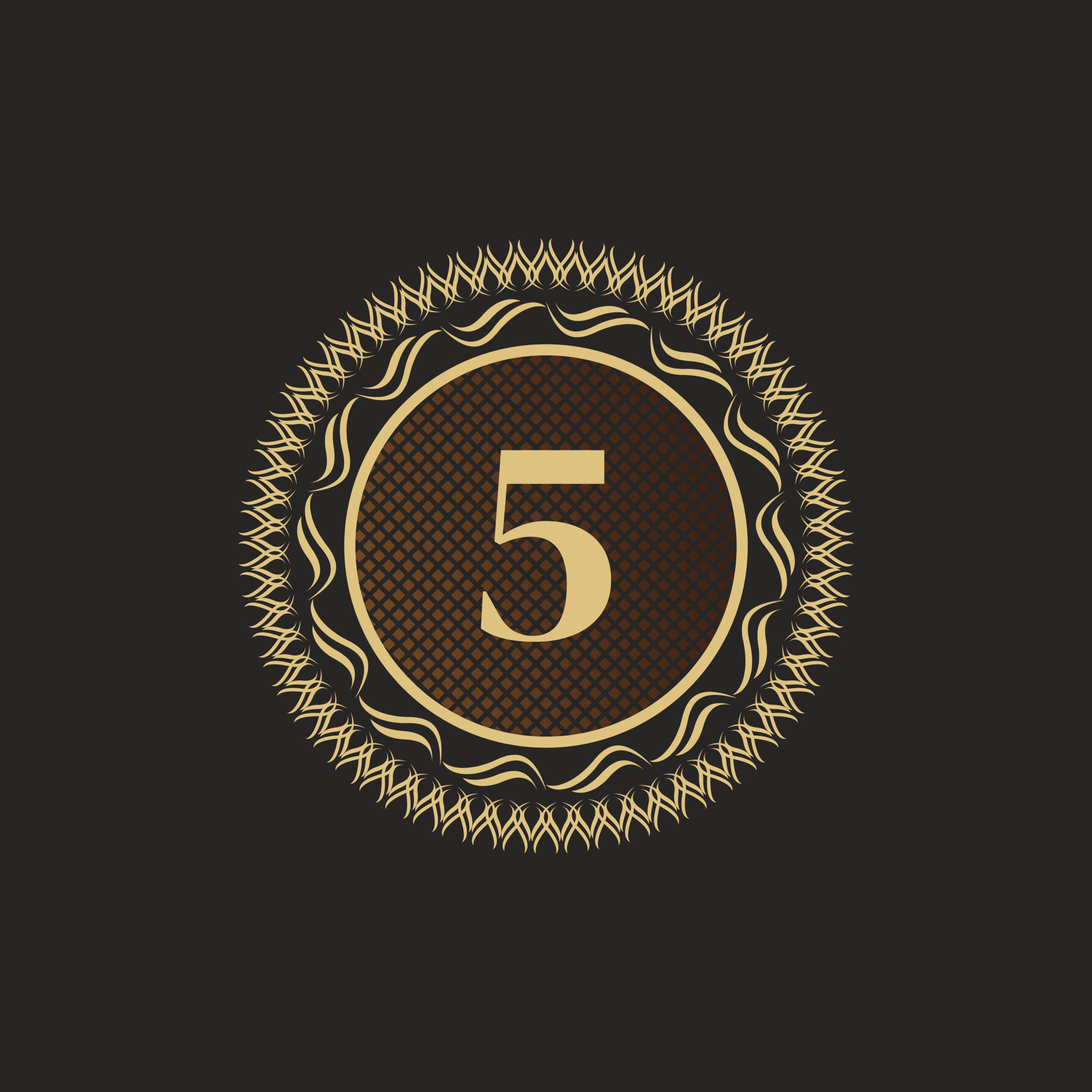 Emblem Number 5 Gold Monogram Design. Luxury Volumetric Logo Template