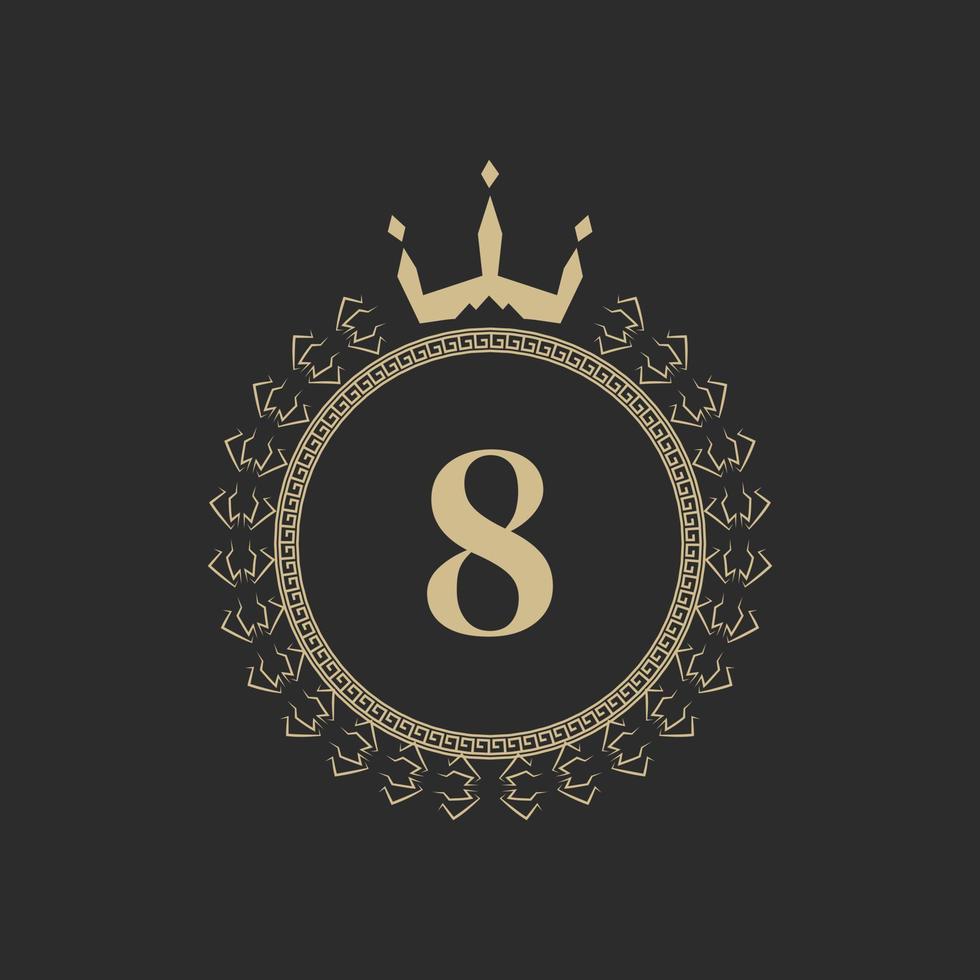 Number 8 Heraldic Royal Frame with Crown and Laurel Wreath. Simple Classic Emblem. Round Composition. Graphics Style. Art Elements for Logo Design Vector Illustration