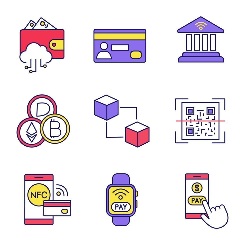 E-payment color icons set. Electronic money. Cashless and contactless payments. Digital purchase. Online banking. NFC technology. Isolated vector illustrations