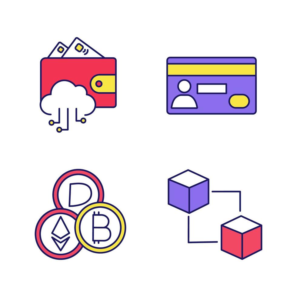 conjunto de iconos de color de pago electrónico. monedero electrónico, tarjeta de crédito, criptomoneda, cadena de bloques. ilustraciones de vectores aislados