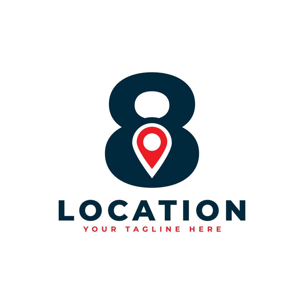 Elegant Number 8 Geotag or Location Symbol Logo. Red Shape Point Location Icon. Usable for Business and Technology Logos. Flat Vector Logo Design Ideas Template Element.