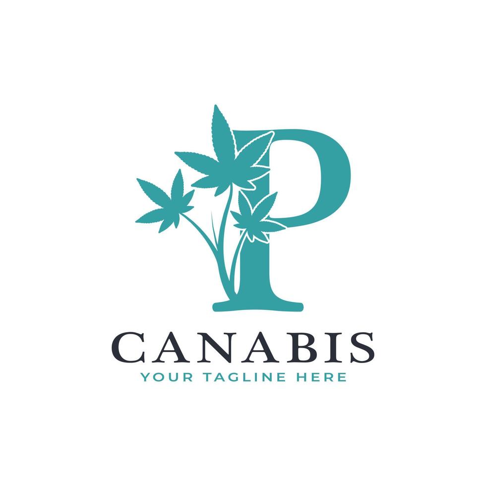 letra p verde canabis logo alfabeto con hoja de marihuana medicinal. utilizable para logotipos de negocios, ciencia, salud, medicina y naturaleza. vector