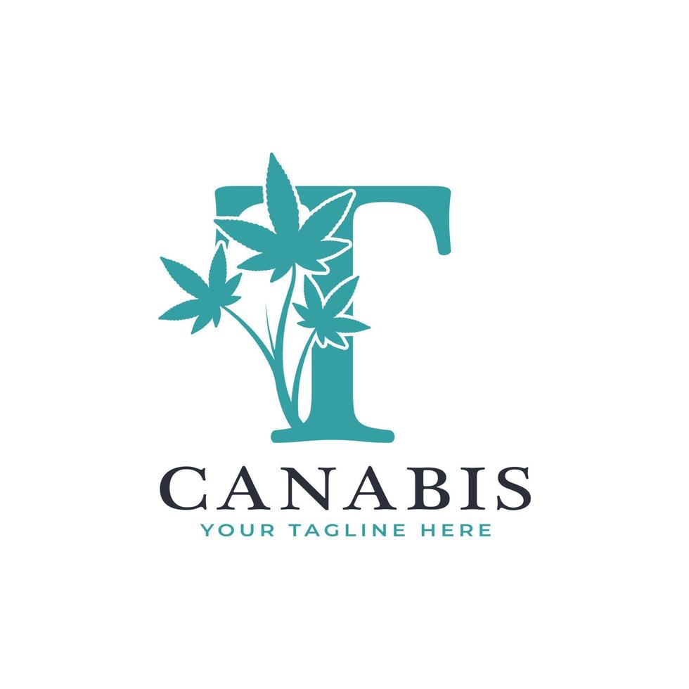 letra t verde canabis logo alfabeto con hoja de marihuana medicinal. utilizable para logotipos de negocios, ciencia, salud, medicina y naturaleza. vector