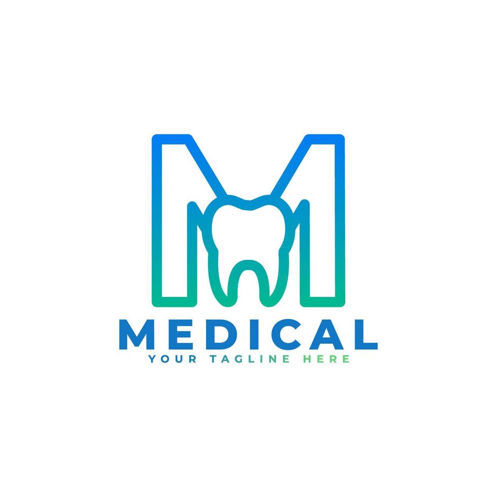 Dental Clinic Logo. Blue Linear Shape Letter M Linked with Tooth Symbol inside. Usable for Dentist, Dental Care and Medical Logos. Flat Vector Logo Design Ideas Template Element.