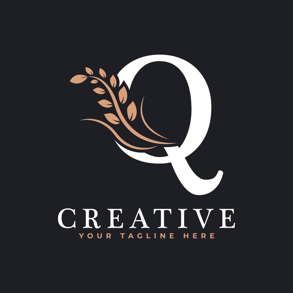 Initial Letter Q Linked Monogram Golden Laurel Wreath Logo. Graceful Design for Restaurant, Cafe, Brand name, Badge, Label, luxury identity vector
