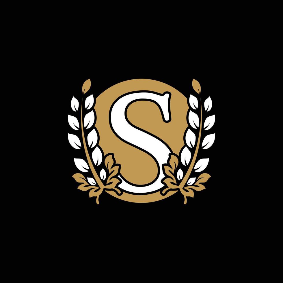 Initial Letter S Linked Monogram Golden Laurel Wreath with Circle Logo. Graceful Design for Restaurant, Cafe, Brand name, Badge, Label, luxury identity vector