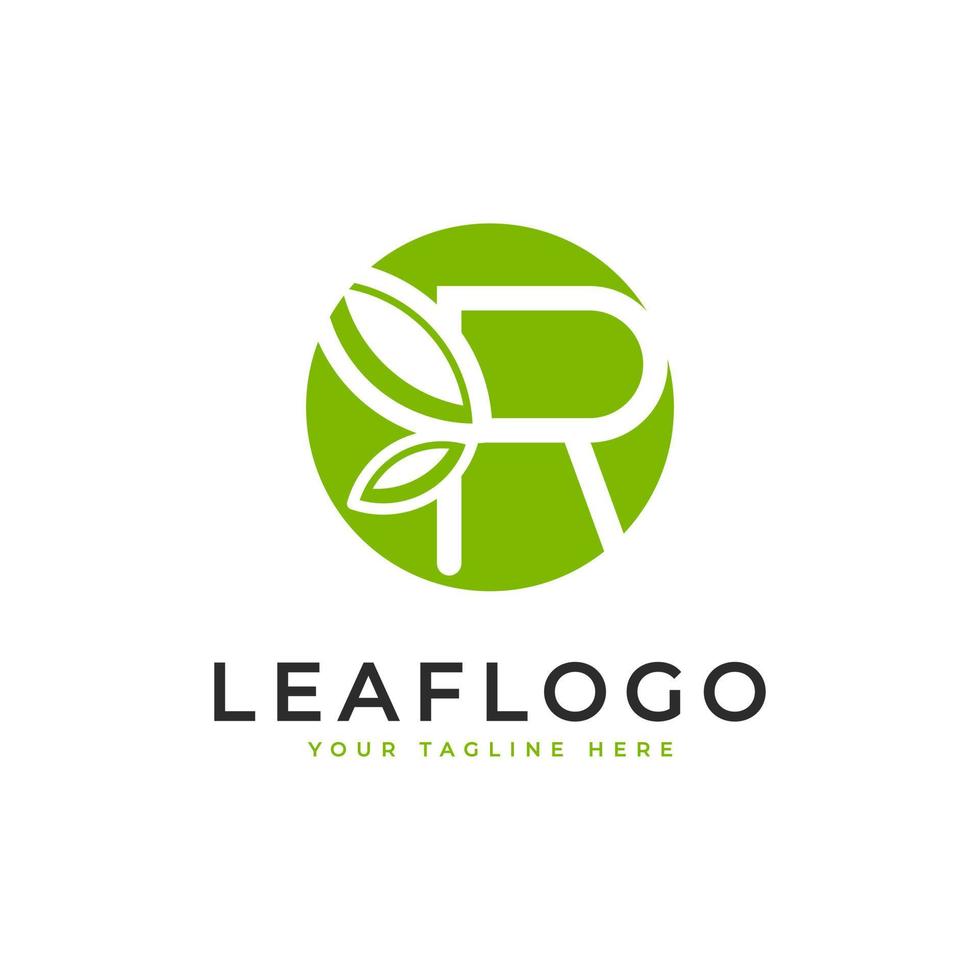 logotipo inicial creativo de la letra r. estilo lineal de forma de círculo vinculado con el símbolo de hoja verde. utilizable para logotipos de negocios, salud, naturaleza y granjas. elemento de plantilla de ideas de diseño de logotipo de vector plano. eps10