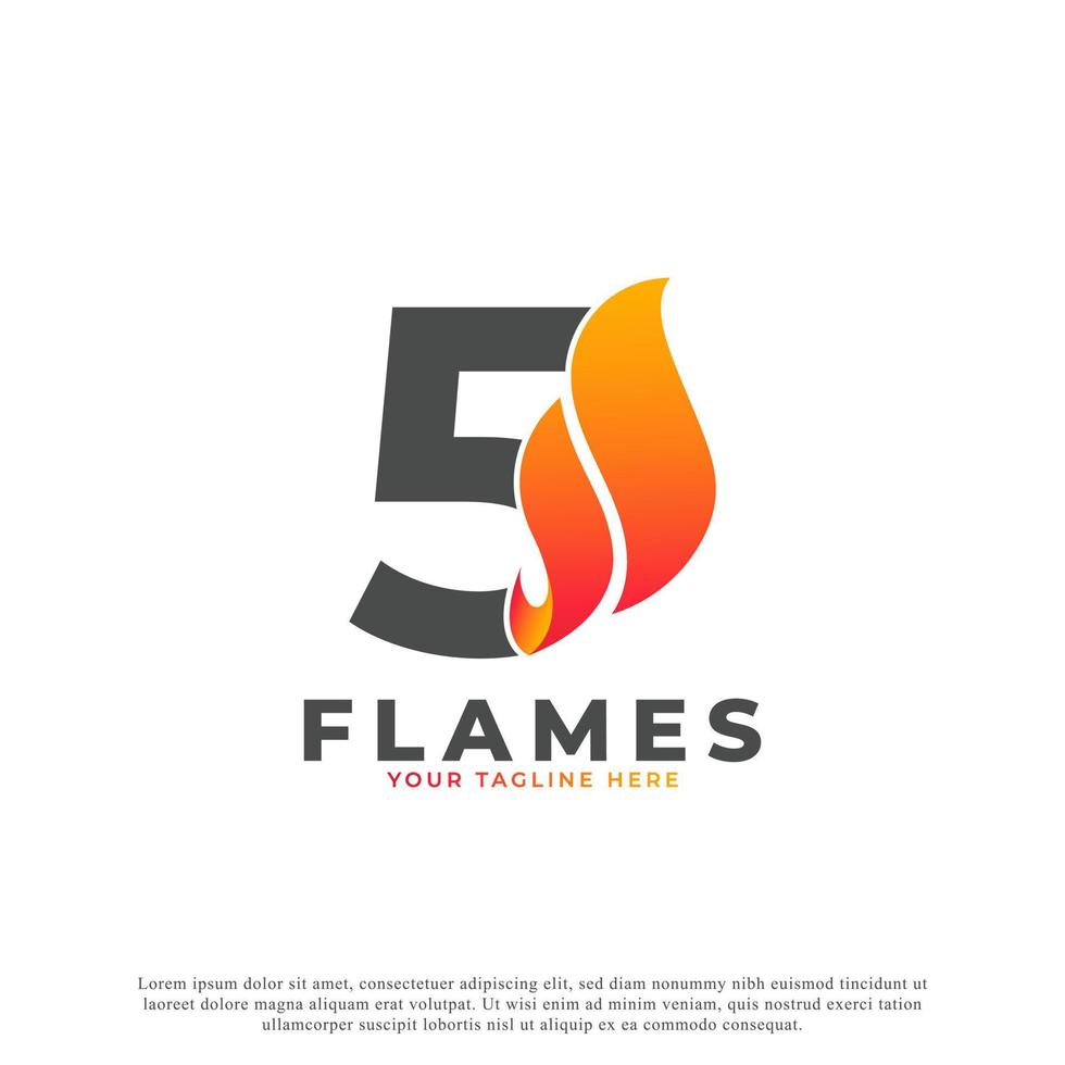 Flame with Number 5 Logo Design. Fire Vector Logo Template