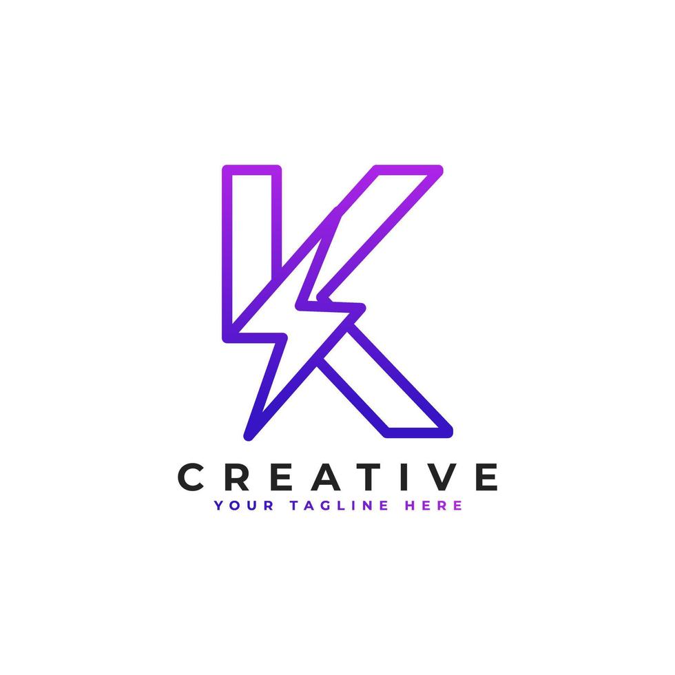 Initial Letter K Logo With Lighting Thunder Bolt in Linear Style. Alphabet Suitable for Fast, Power, Flash, Electric, Identity, Moving and Speed. vector