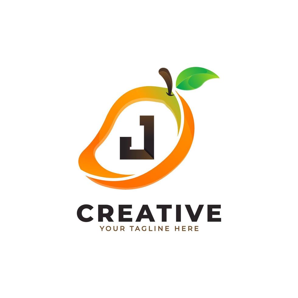Letter J logo in fresh Mango Fruit with Modern Style. Brand Identity Logos Designs Vector Illustration Template