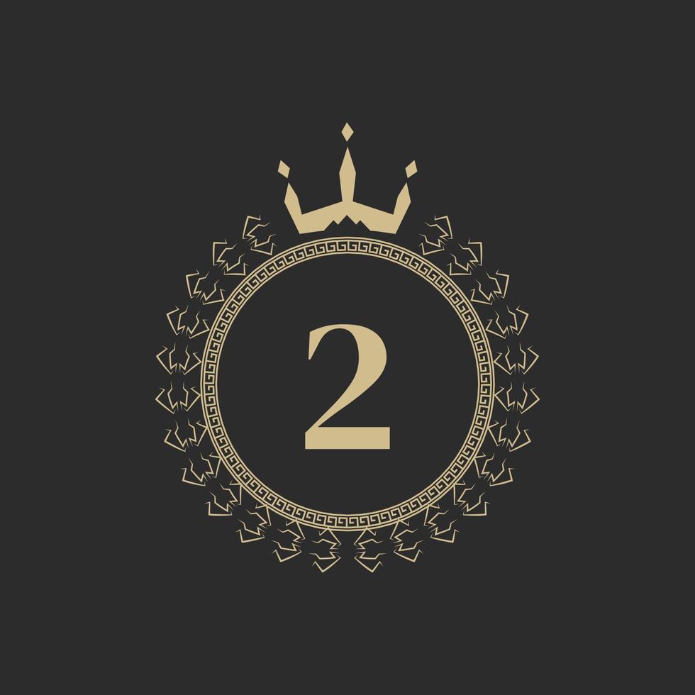 Number 2 Heraldic Royal Frame with Crown and Laurel Wreath. Simple Classic Emblem. Round Composition. Graphics Style. Art Elements for Logo Design Vector Illustration