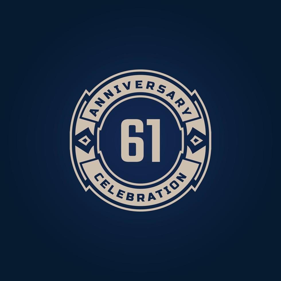 61 Year Anniversary Celebration with Golden Color for Celebration Event, Wedding, Greeting card, and Invitation Isolated on Blue Background vector