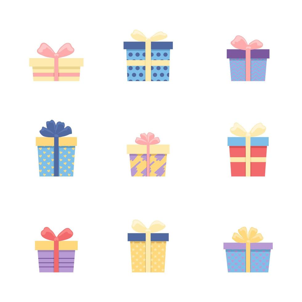 conjunto de cajas de regalo de colores con cinta. hermoso empaque festivo para cumpleaños, navidad. vector
