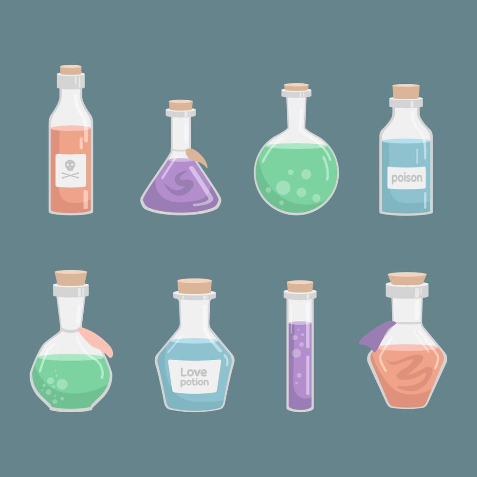 Vector set of flasks of various shapes. Vessels for liquid. Colored Halloween elements