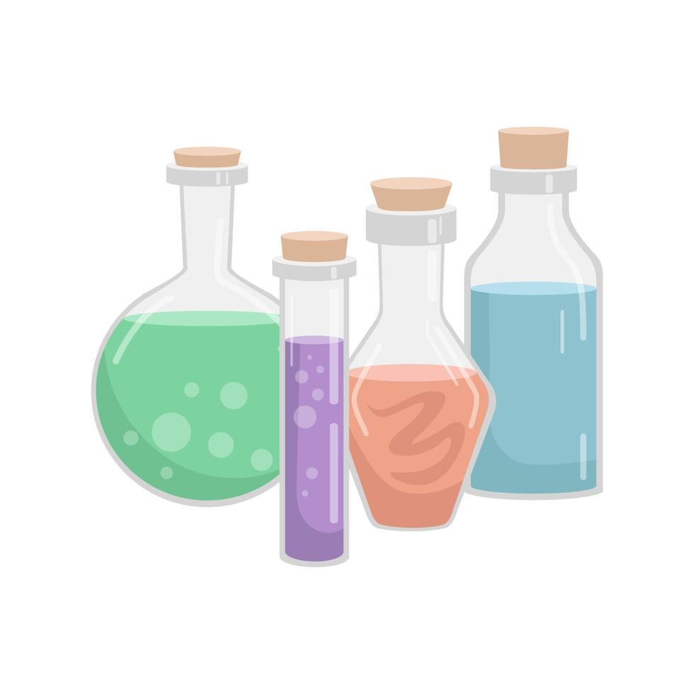 Vector set of flasks of various shapes. Vessels for liquid. Colored Halloween or medicine elements