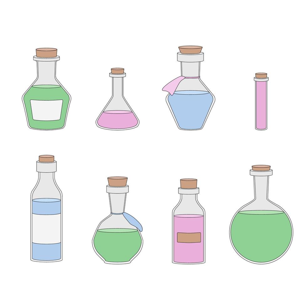 conjunto vectorial de matraces de varias formas. recipientes para líquidos. elementos de halloween o medicina de colores vector
