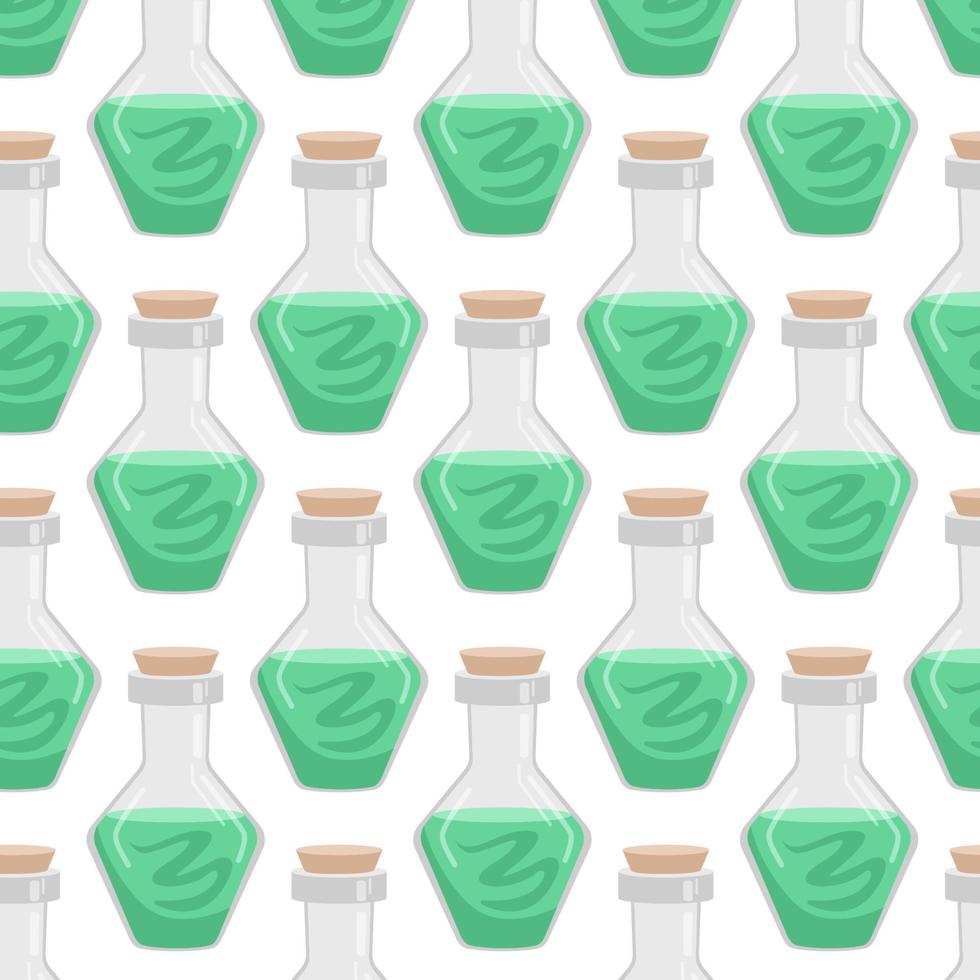 Vector seamless pattern of flasks of various shapes. Vessels for liquid. Colored Halloween elements