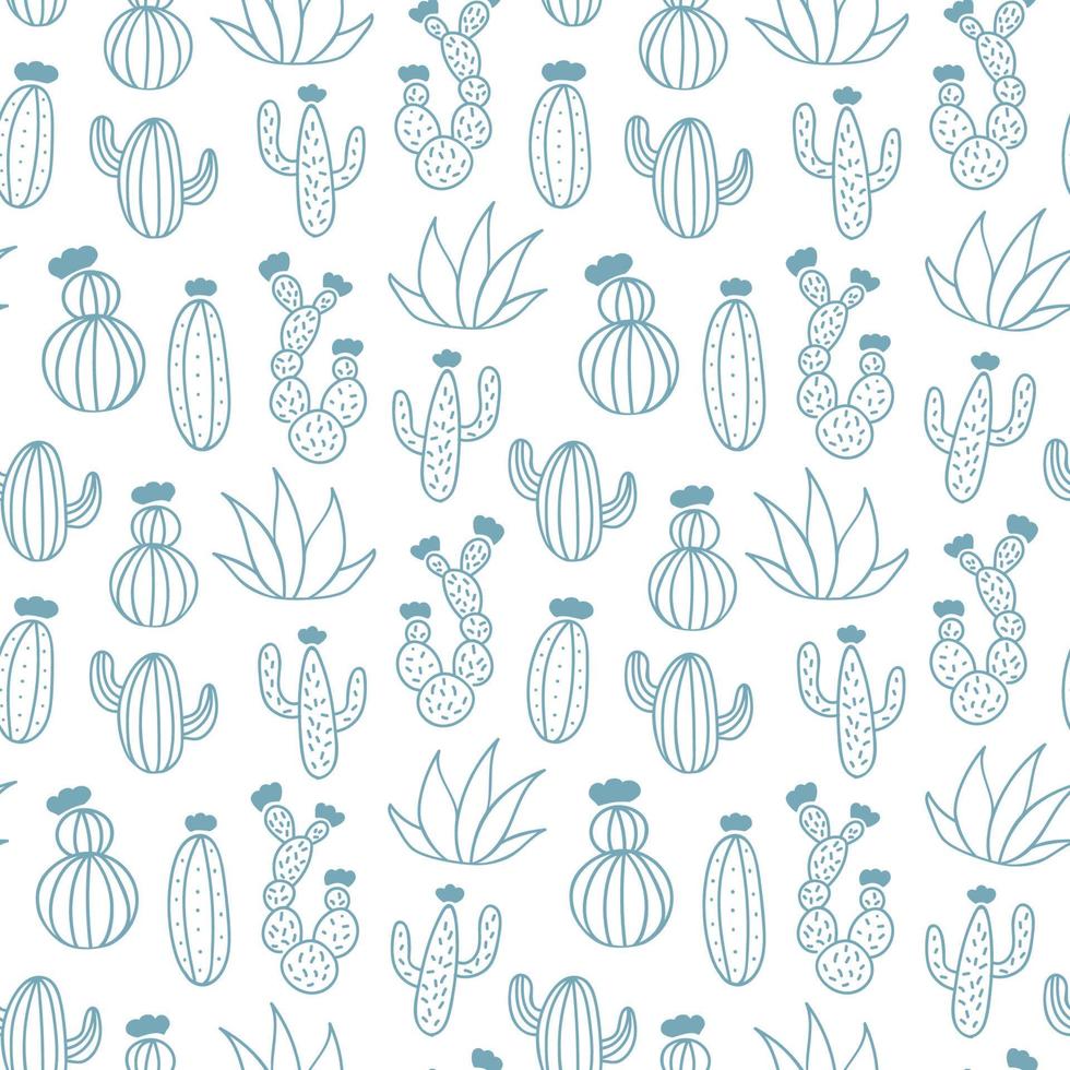 Vector drawing seamless pattern. Line hand drawn monochrome cactus background. Natural ornament