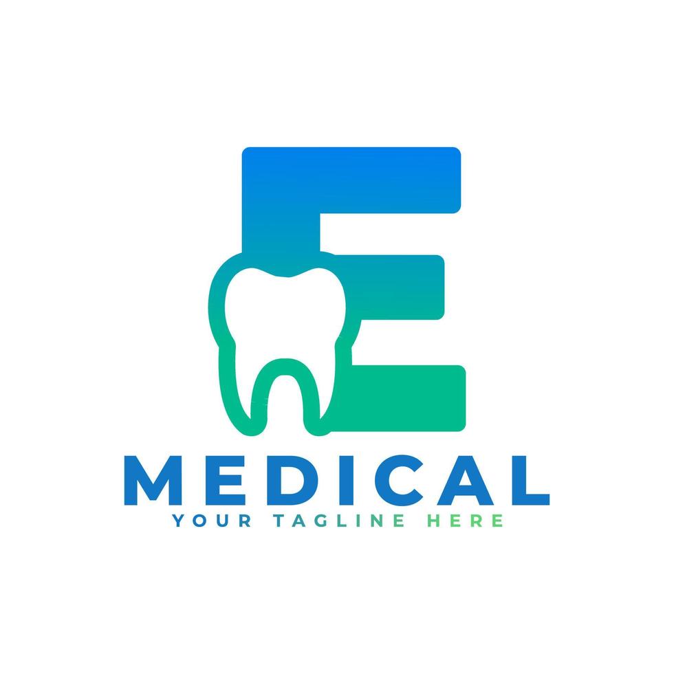 Dental Clinic Logo. Blue Shape Initial Letter E Linked with Tooth Symbol inside. Usable for Dentist, Dental Care and Medical Logos. Flat Vector Logo Design Ideas Template Element.
