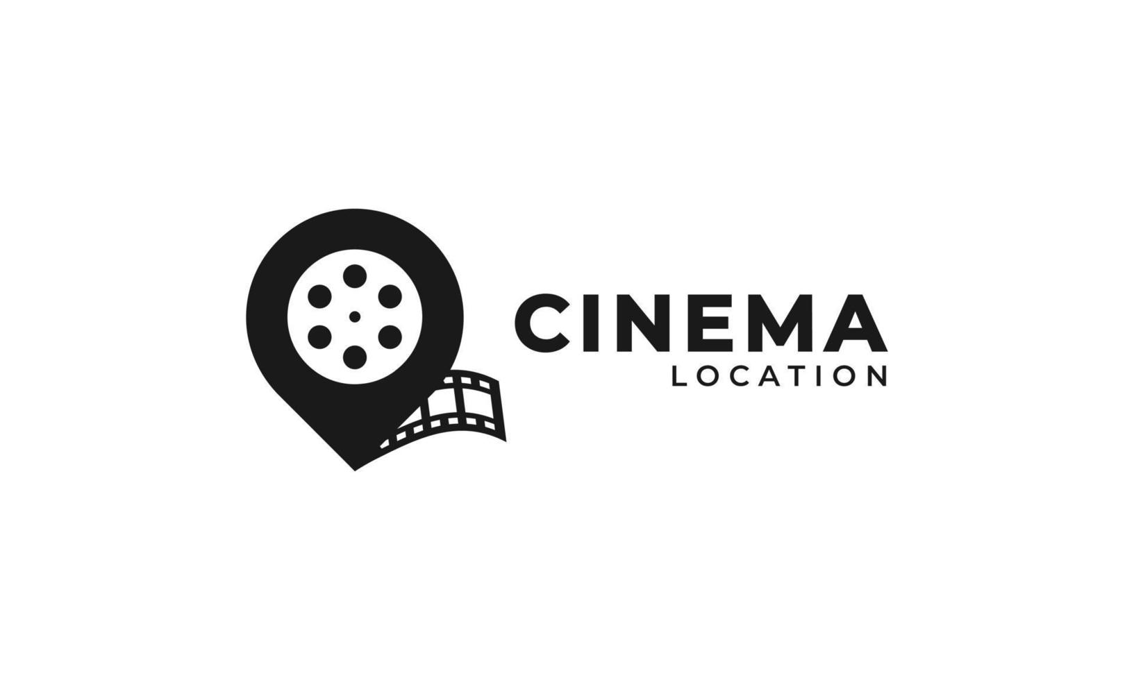Map Pin Location with Camera Reel Stripes Filmstrip Logo. Film location glyph icon Vector