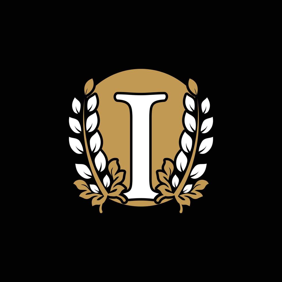 Initial Letter I Linked Monogram Golden Laurel Wreath with Circle Logo. Graceful Design for Restaurant, Cafe, Brand name, Badge, Label, luxury identity vector