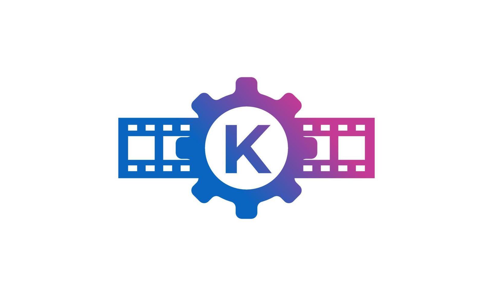 Initial Letter K Gear Cog Wheel with Reel Stripes Filmstrip for Film Movie Cinema Production Studio Logo Inspiration vector