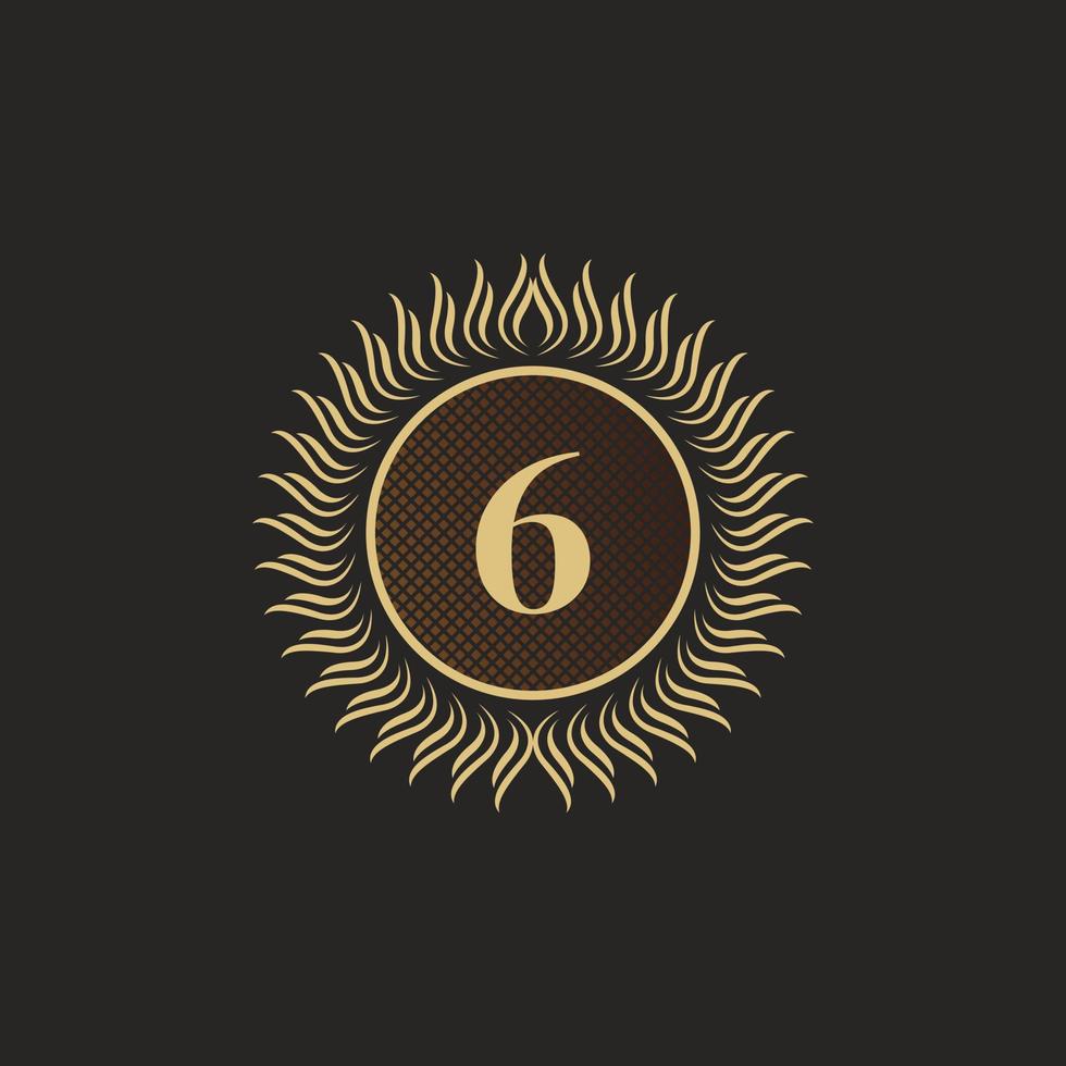 Emblem Number 6 Gold Monogram Design. Luxury Volumetric Logo Template. 3D Line Ornament for Business Sign, Badge, Crest, Label, Boutique Brand, Hotel, Restaurant, Heraldic. Vector Illustration