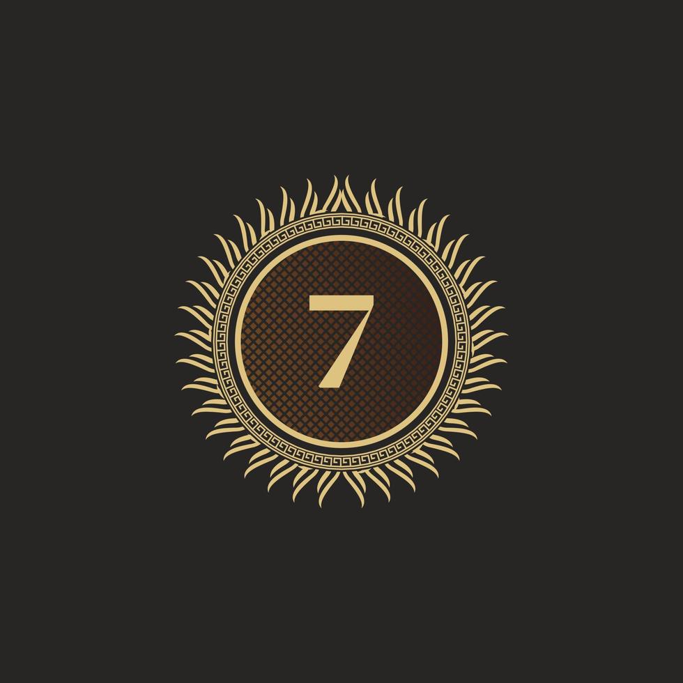 Emblem Number 7 Gold Monogram Design. Luxury Volumetric Logo Template. 3D Line Ornament for Business Sign, Badge, Crest, Label, Boutique Brand, Hotel, Restaurant, Heraldic. Vector Illustration