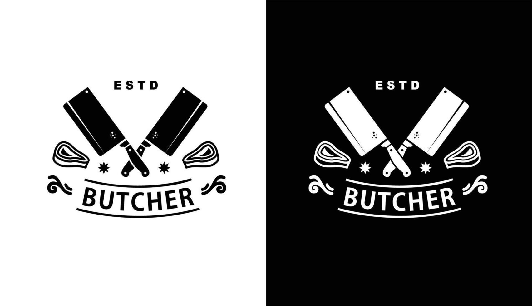 logotipo de la carnicería del carnicero con cuchilla y cuchillo de chef, texto del mercado del agricultor del carnicero, carne fresca vector