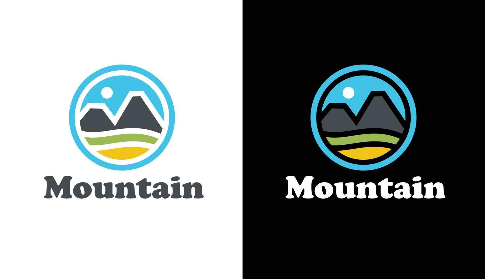 logotipo de montaña minimalista simple, panorama con un fondo azul adecuado para viajes y cafés. vector