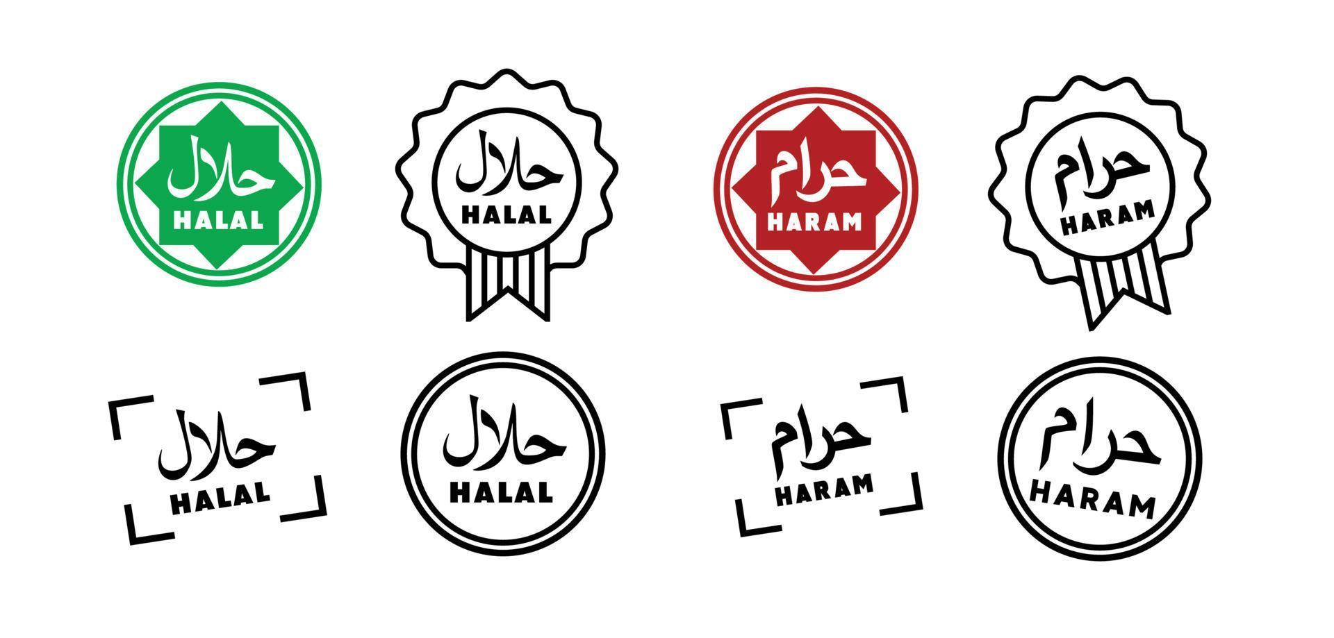 etiquetas haram y halal a la venta, sellos de emblema de insignia de logotipo para transacciones completadas comprar vender productos diseño de logotipo de tienda en línea vector