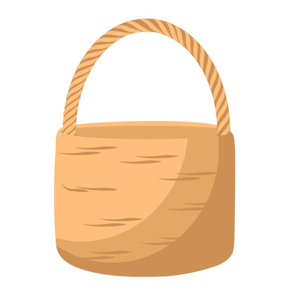 Wicker basket vector stock illustration. For a picnic, Easter. A box made of straw. Traditional craft made of willow twigs. Birch bark. Isolated on a white background.