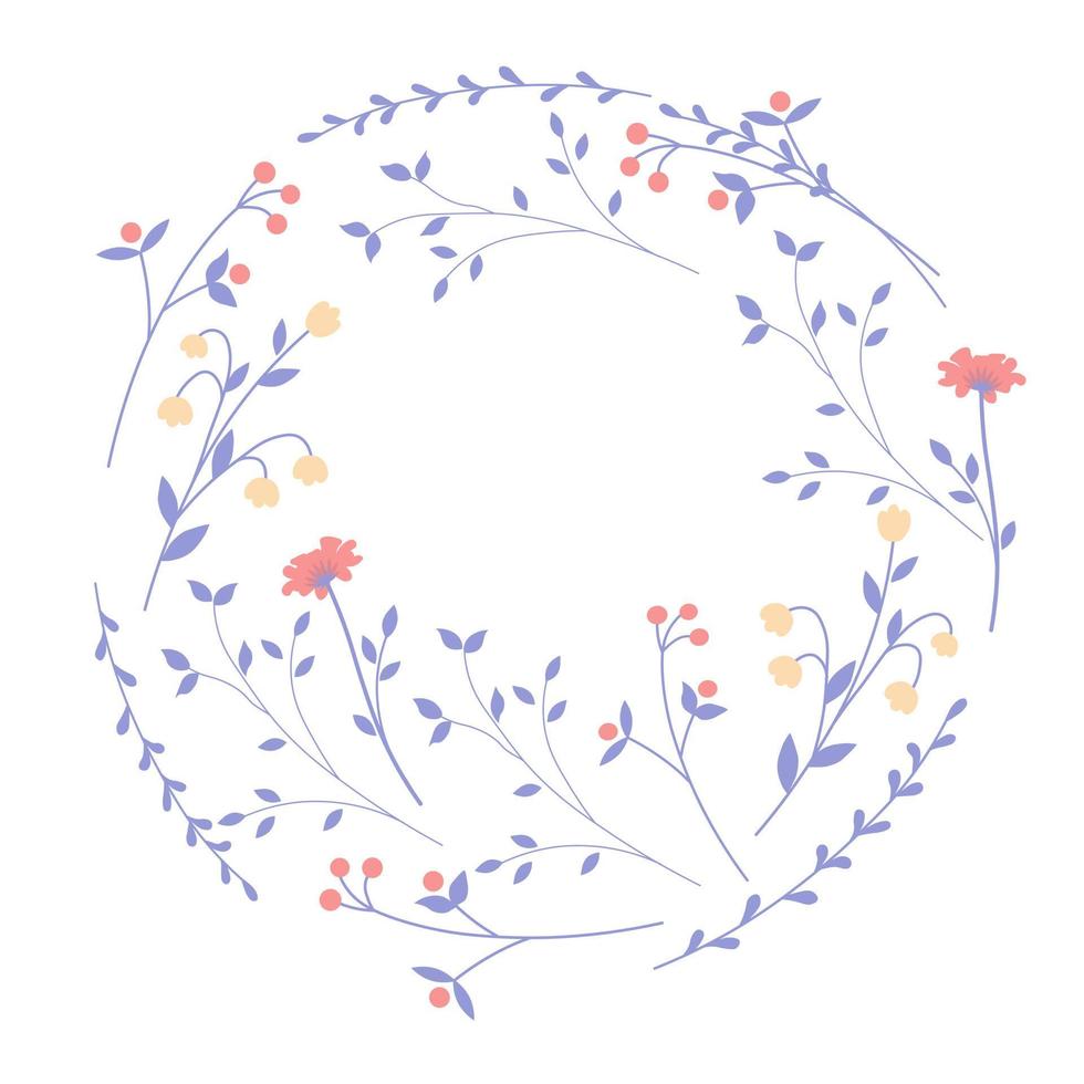 Round frame of wild flowers vector stock illustration. Tender branches of wild meadow plants. Doodle. Isolated on a white background.