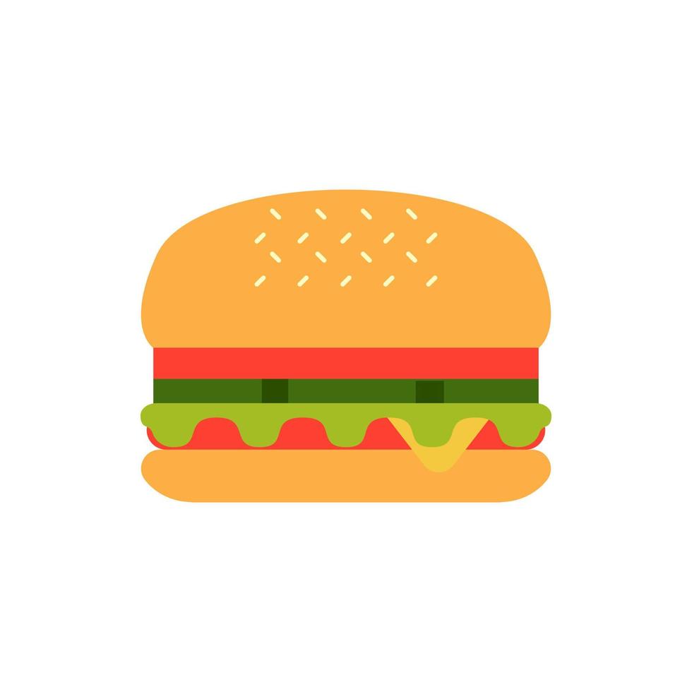 hamburguesa con ensalada, tomates, queso y chuleta. comida rápida. ilustración vectorial cena y restaurante de hamburguesas de comida rápida, sabrosa nutrición clásica de comida rápida poco saludable en estilo plano. vector