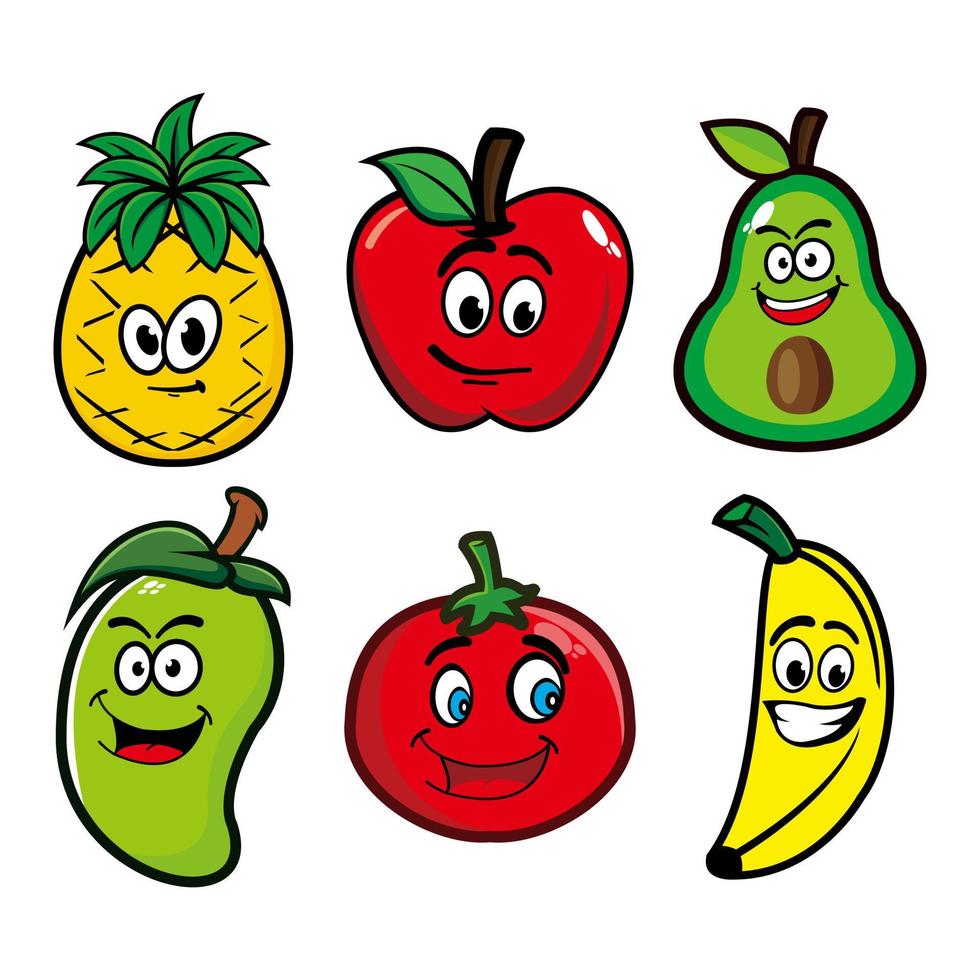 establecer una colección de lindos personajes de diseño de mascotas de frutas. Aislado en un fondo blanco. concepto de paquete de idea de logotipo de mascota de personaje lindo. piña, manzana, aguacate, mango, tomate, plátano vector