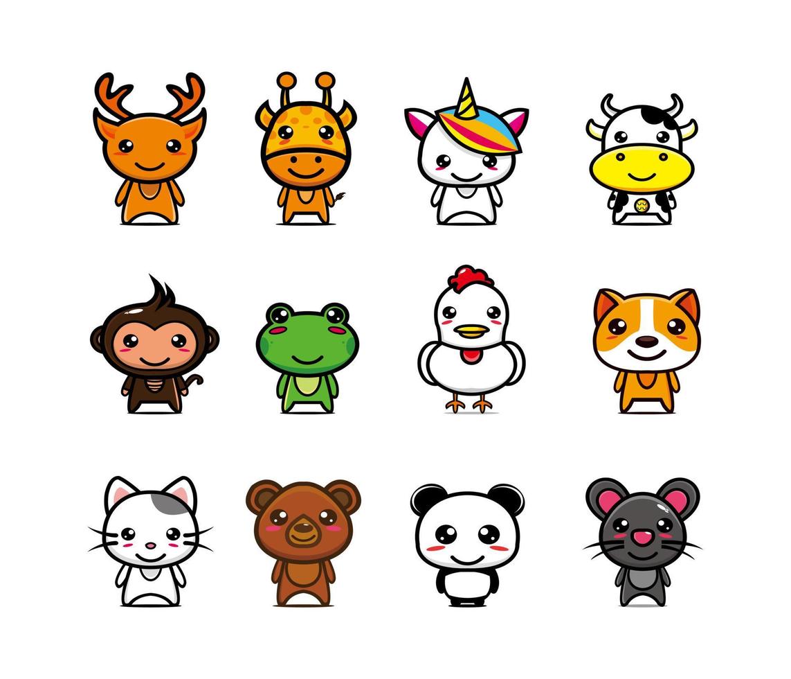 establecer una colección de lindos personajes de diseño de mascotas animales. Aislado en un fondo blanco. concepto de paquete de idea de logotipo de mascota de personaje lindo. ciervo, jirafa, unicornio, vaca, mono, rana, pollo, perro, gato, oso, panda vector