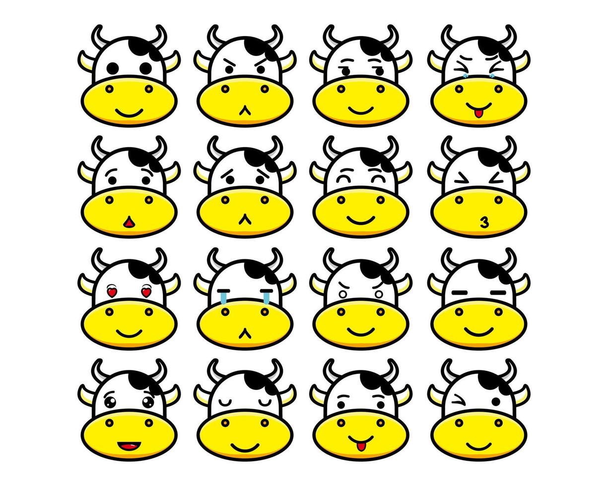 Set collection of cute head cow mascot design character. Isolated on a white background. Cute character mascot logo idea bundle concept vector