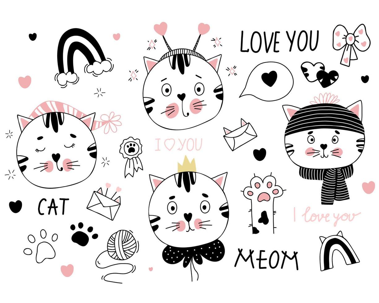 Cat Collection. Portraits of cat characters - in winter hat and scarf, with crown and hearts, sleepy in nightcap. Background with letters, rainbow and paw. Vector illustration. linear hand drawn